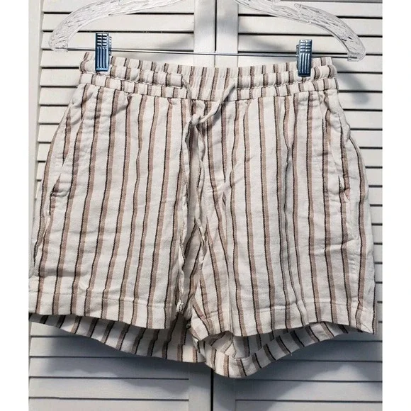 Old Navy Casual Shorts Women's Size XS White Tan Striped Linen Blend Pockets - Picture 1 of 8